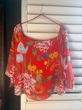 Alice + Olivia Shera Off-the-Shoulder Silk Floral Bell Sleeve Blouse size Large